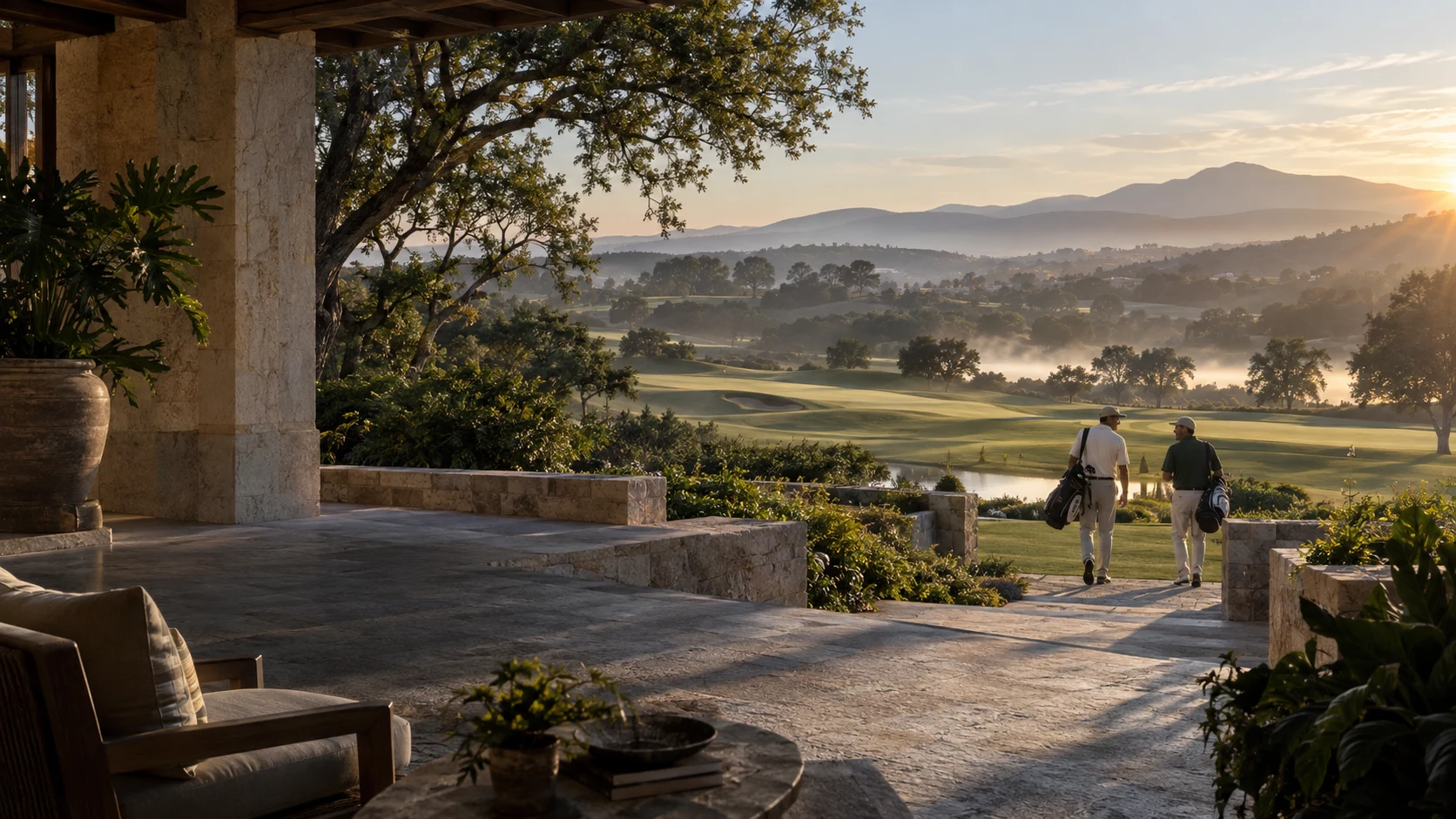 Golfistas al amanecer frente al campo